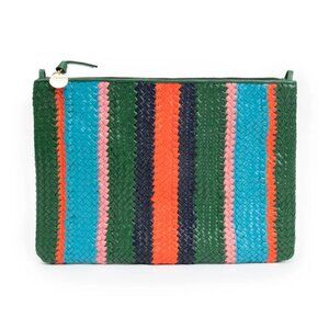 Clare V. Woven Leather Flat Clutch w/ Tabs in Evergreen Multi Woven Wide Stripe